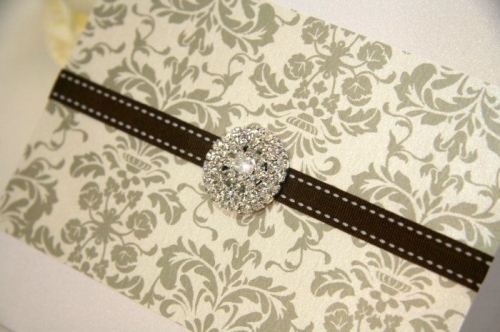 Florentine Damask Diamante Jewel Wedding Invitation Card