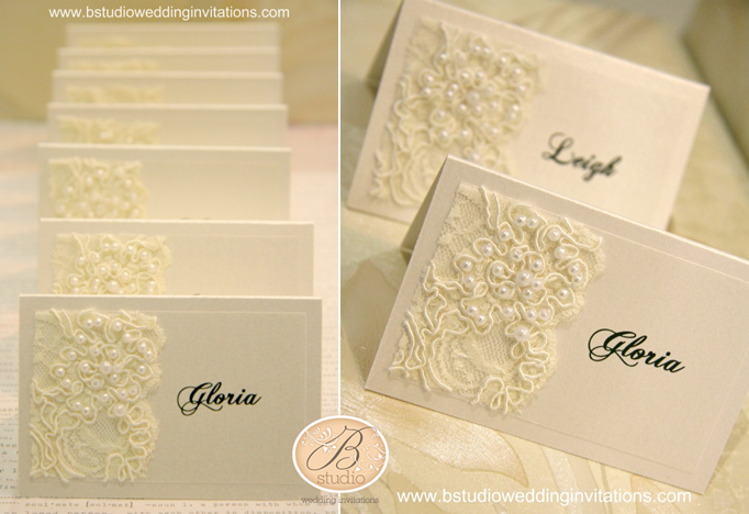 Above These vintage lace place cards were handcrafted for the wonderful 