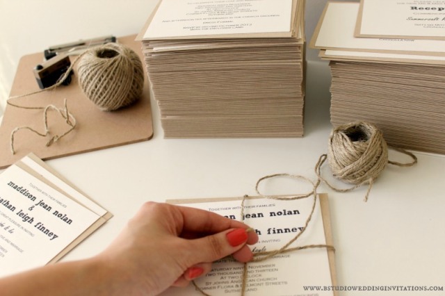 Above: Wrapping twine around our "Tying the Knot" invitations