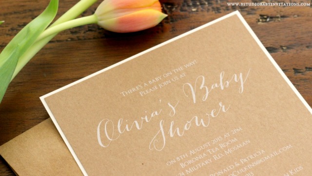White ink on rustic baby shower invitation